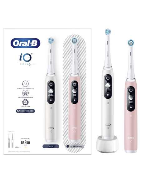iOM6d.2I6.1 Oral-B iO6 Duo Pack Elektrinis Dantų Šepetėlis White + Pink Sand Extra Handle